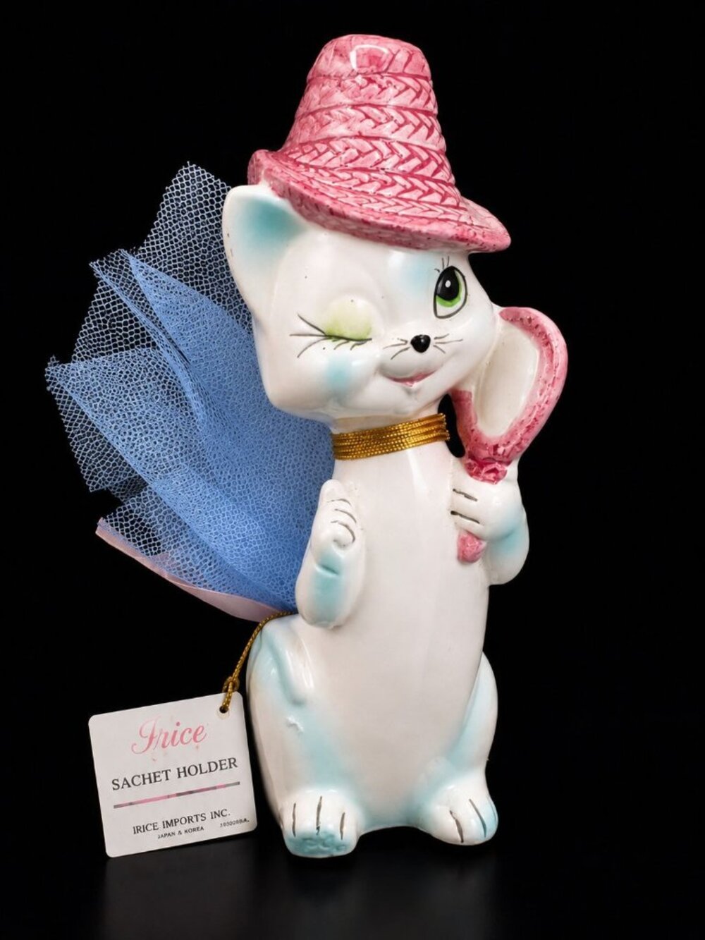 Vtg 1950s Irice Winking Cat Pink Straw Hat Holding Mirror Kitschy Sachet Holder